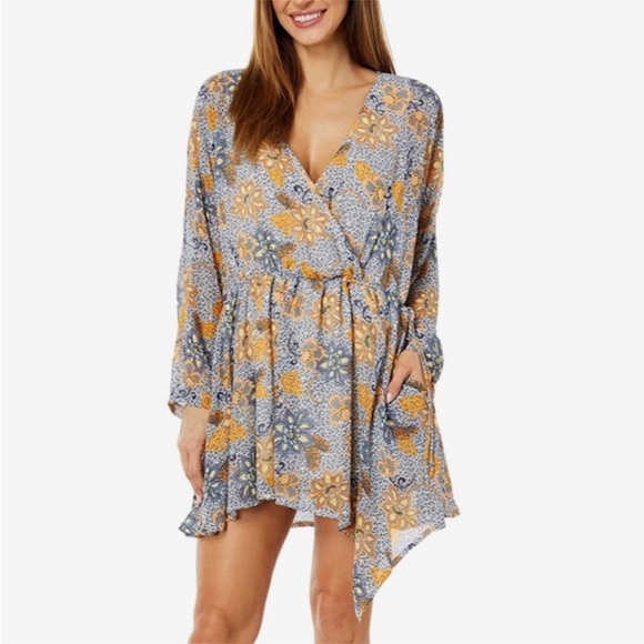 [Free People] Blue Mustard Paisley floral print Oversize Asymmetric Mini Dress. - Picture 1 of 15